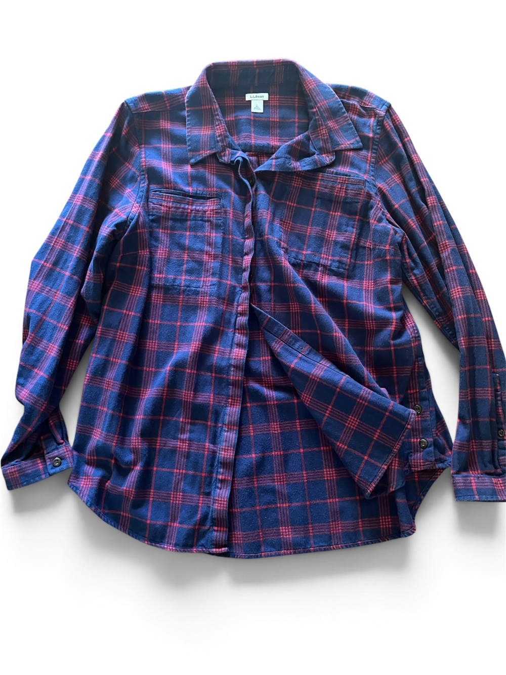 L.L. Bean women’s size, large Navy and Red Plaid Button-Down Shirt